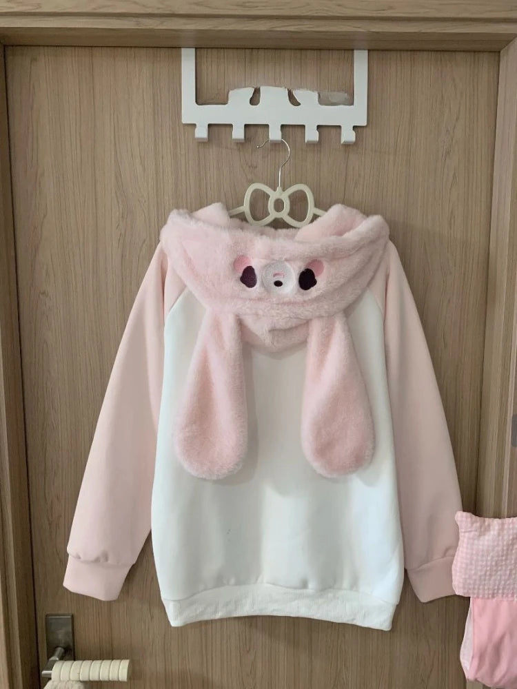 Japanese Sweet Pink Fluffy Bear Hoodie Blouses Women's New Kawaii Slim Plush Ear Sweatshirt Cute  Fit Harajuku Fashion Clothing