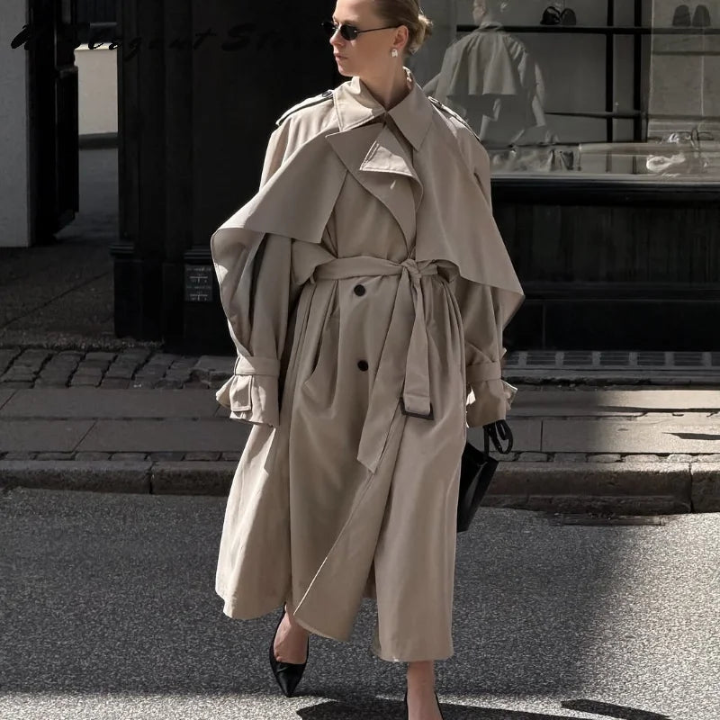 Women's Autumn Winter Long Trench Coat Lapel Full Sleeve Long Jacket With Belt Commuter Casual Outwears 2025 New Lady Streetwear