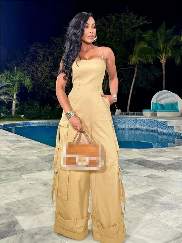 Women's Clothing 2025 Spring Summer New Sexy Sleeveless Solid Color Casual Multi Pocket Workwear Jumpsuit Wide Leg Pants