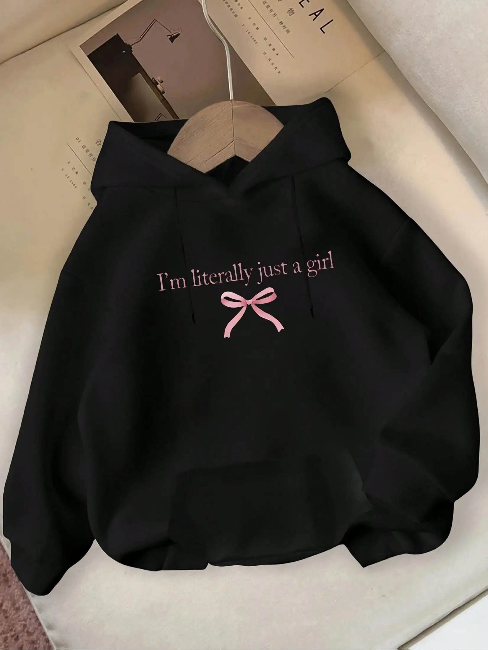 Women's Black Hoodie with 'I'm Literally Just a Girl' Print & Pink Bow, Cozy Fall Winter Pullover with Pockets