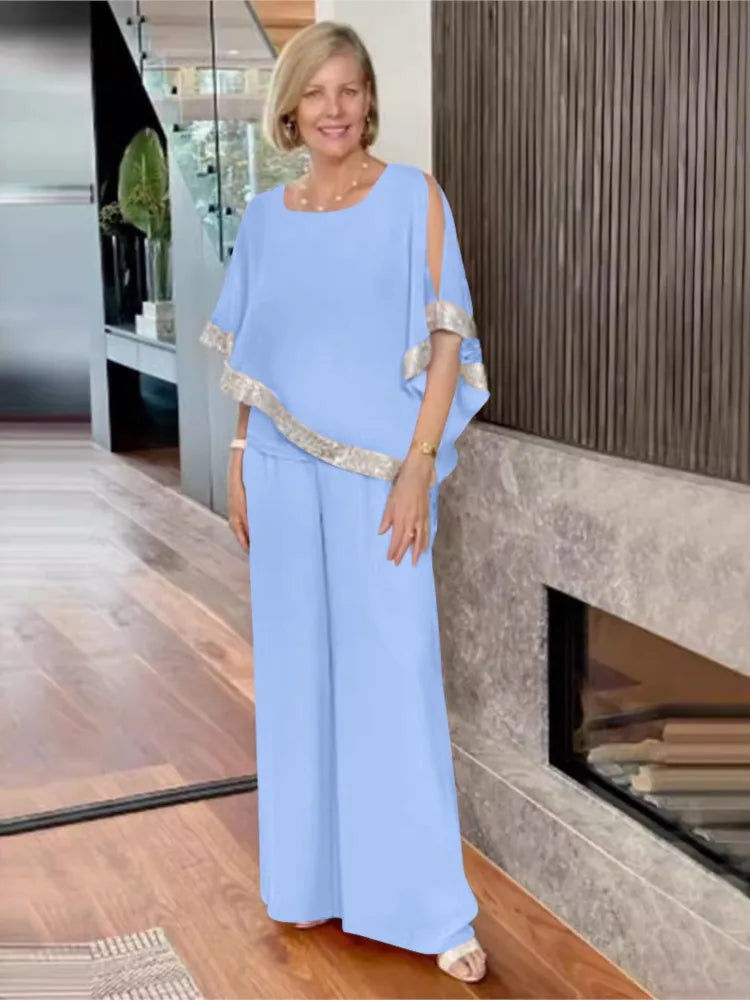 2024 Spring Autumn New Set Fashion Round Neck Shining Color Blocked Bat Shirt Sexy Off Shoulder Wide Leg Pants Fake Three Piece