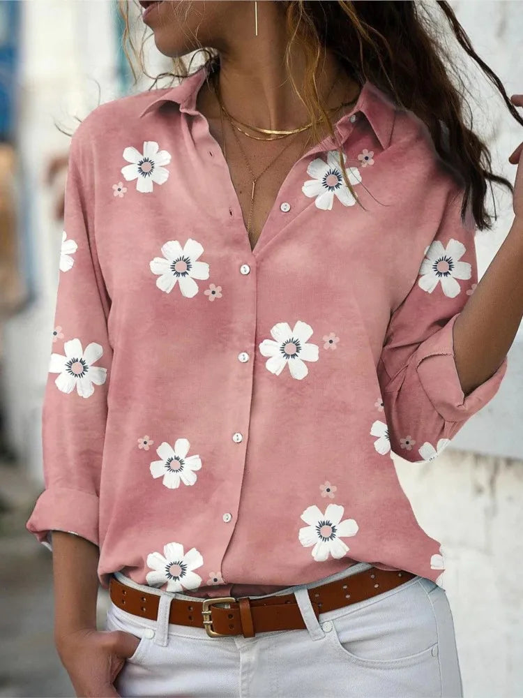 Spring Summer Women's Clothing New Fashion Floral Print Lapel Long Sleeved Casual Loose Button Slim Comfortable Shirt
